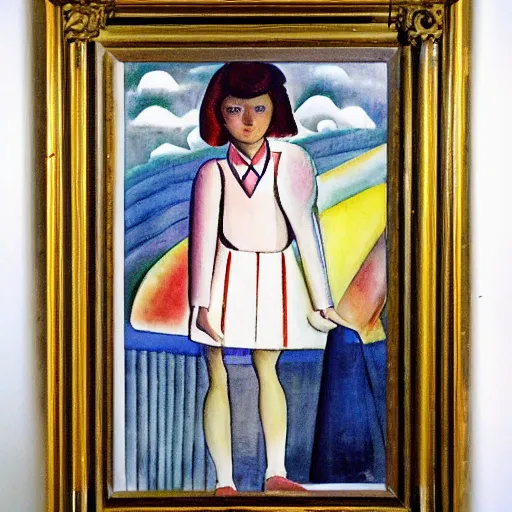 Image similar to by andre lhote atmospheric. mixed media art. a young girl stands in the center of the frame, looking off to the side. she wears a school uniform with a short skirt & a striped shirt. the background is a vivid, with wavy lines running through it.