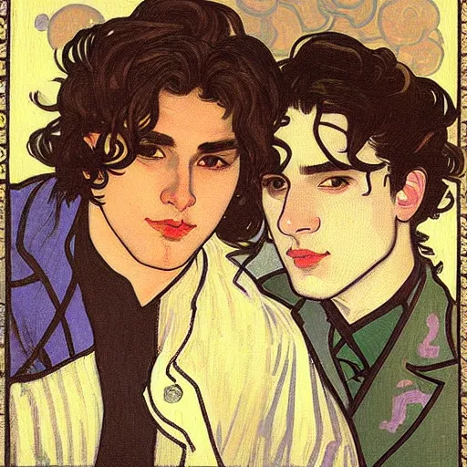 Image similar to painting of young cute handsome beautiful dark medium wavy hair man in his 2 0 s named shadow taehyung and cute handsome beautiful min - jun together at the halloween! party, bubbling cauldron!, candles!, smoke, autumn! colors, elegant, wearing suits!, delicate facial features, art by alphonse mucha, vincent van gogh, egon schiele