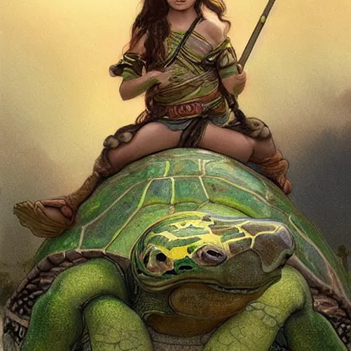 Prompt: a little warrior girl sitting on top of a giant turtle that is walking in the desert, seen from a distance. the girl is fully visible and has dark skin and beautiful green eyes, realistic full body and a very beautiful detailed face with long black hair. diffuse light, dramatic sky and landscape, fantasy illustration by mucha h 7 6 8