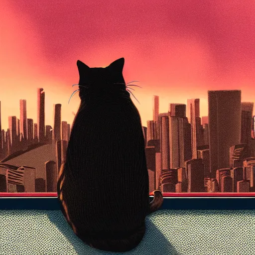 Image similar to a cat watching a dystopic city under a red sky