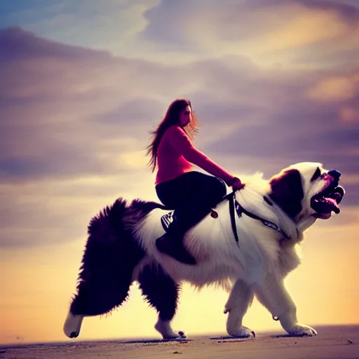 Image similar to girl riding a giant saint Bernard at the beach playing fetch, trending on artstation