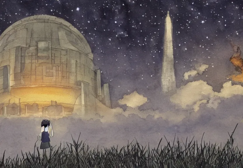 Image similar to a hyperrealist watercolor concept art from a studio ghibli film showing one giant grey alien. a temple is under construction in the background in india on a misty and starry night. by studio ghibli. very dull muted colors