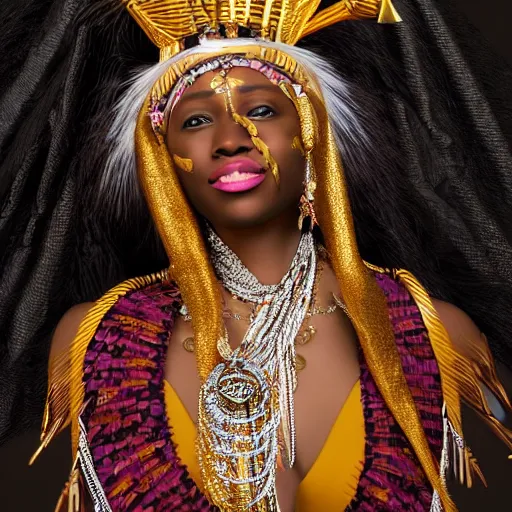 Prompt: : portrait of divine African orisha with big gold headdress covered in diamonds and jewls detailed render hyper-realistic cgsociety