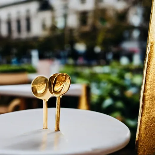 Prompt: a solid gold bar on a cafe table on a sunny day, f / 1. 9 6. 8 1 mm iso 4 0