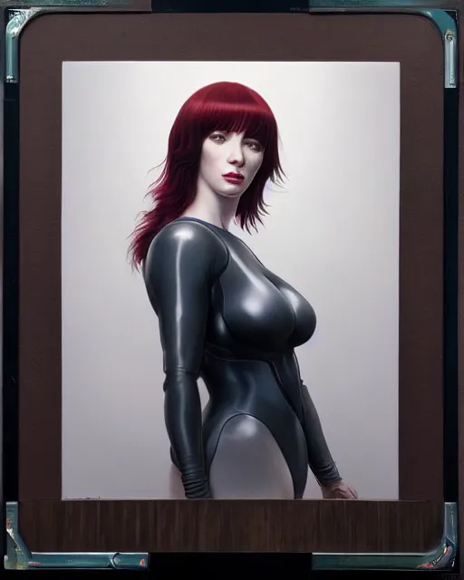 Image similar to sophisticated portrait of young Christina Hendricks starring in ghost in the shell, visible chest and face, fully-centered-photograph, 8k resolution, looking at the camera elegance, highly detailed, shallow depth of field, Artstation, Artgerm, Donato Giancola and Joseph Christian Leyendecker