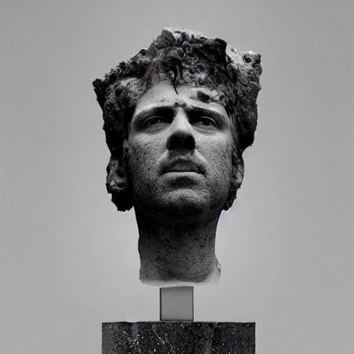 Image similar to Award-winning photograph by Chema Madoz. The photo depicts a decaying roman bust of Nicolas Cage at the bottom of the sea. Black and white, minimalism, high definition, perfect composition. Deep sea picture. Very dark. Volumetric lighting. Fisch.