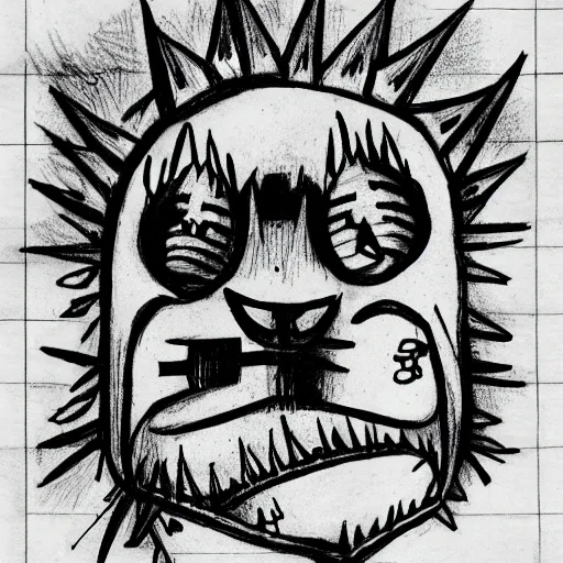 Image similar to very simple ballpoint pen line drawing of a furnace with spiky toothed demons around it, pen on paper simple drawing by a child, no shading