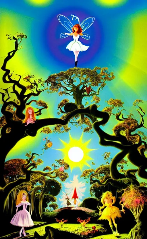 Prompt: enchanted forest, sun in the sky, bunnies, fairy, alice in wonderland, hallucination, psychotropic psychedelic, wide angle shot, white background, vector art, illustration by frank frazetta by salvador dali