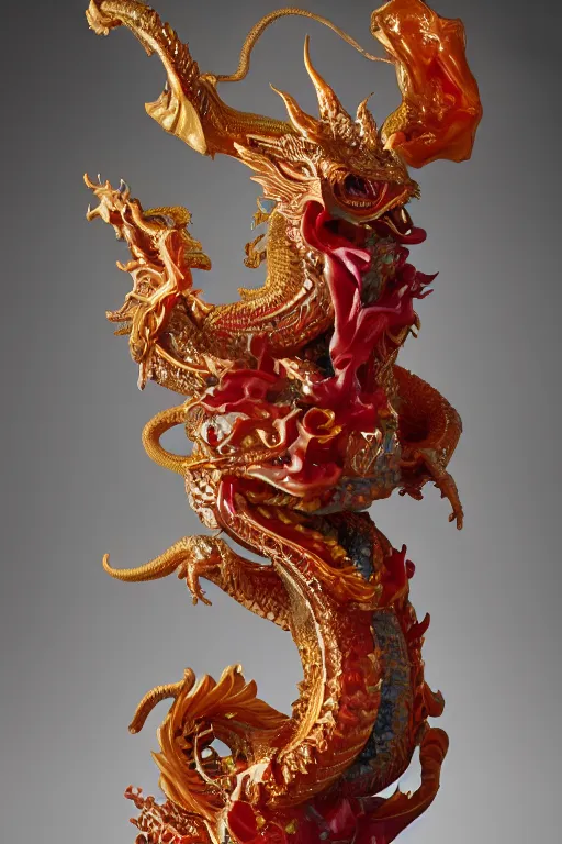 Image similar to a closeup photo, rococo alabaster and ruby real delicate ceramic porcelain sculpture of an ornate detailed dragon god in front of an intricate background by rafael, micro detail, backlit lighting, subsurface scattering, translucent, thin porcelain, fire, flames, amber, octane renderer, colorful, physically based rendering, trending on cgsociety