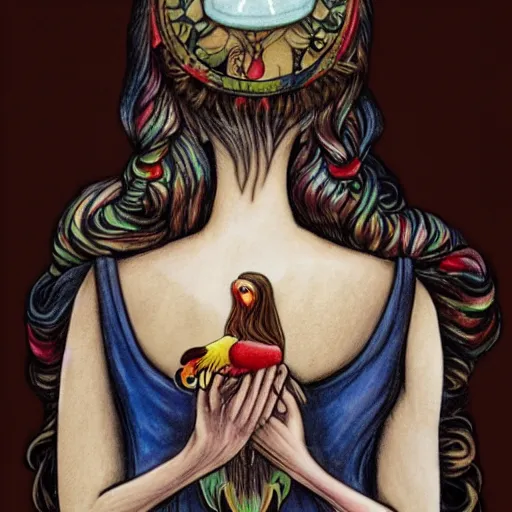 Image similar to soft by jasmine becket - griffith, by nacho carbonell illuminated manuscript, illuminated manuscript. body art. a woman is shown from behind, her body slightly blurred as if in motion. her long hair cascades down her back, & she is holding a small bird in her hand.