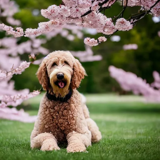 Image similar to a goldendoodle meditation below a Sakura tree, 8k, nature photography