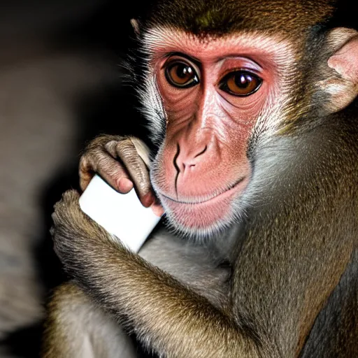 Image similar to Monkey drinking Capri Sun juice, low light, photo taken at night,