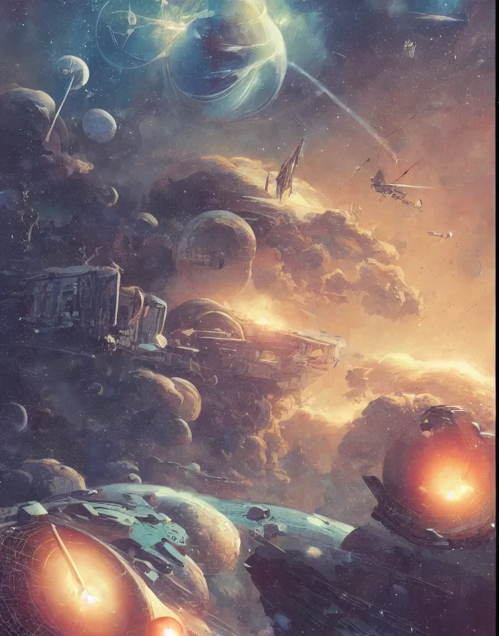 Image similar to illustrated by moebius and greg rutkowski, orbit of earth, futuristic orbital station!!!!, nebulae!!, starry sky!!, rule of third!!!!, vintage cover of sci - fi magazine