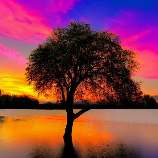 Prompt: a tree in a river, sunset, retrowave