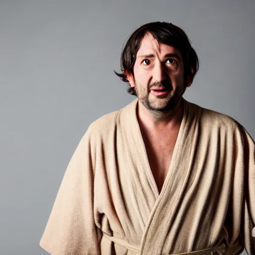 Image similar to richard iv the roman king, excited real human wearing beige bathrobe, soft studio lighting, sigma lens photo, he is dancing and has pregnancy belly