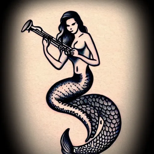 Image similar to american traditional tattoo art of a mermaid playing the saxophone, sheet paper
