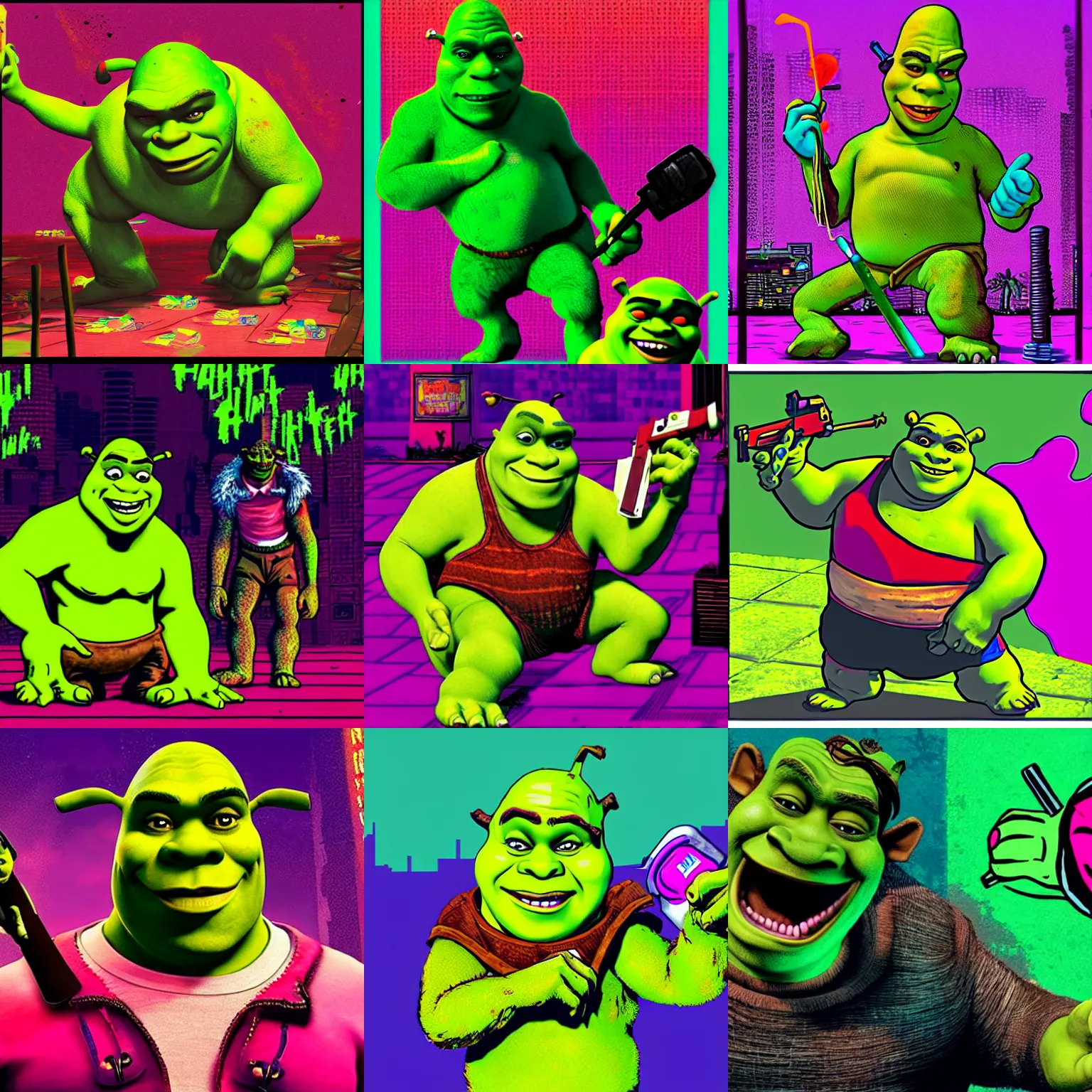 Prompt: shrek in hotline miami