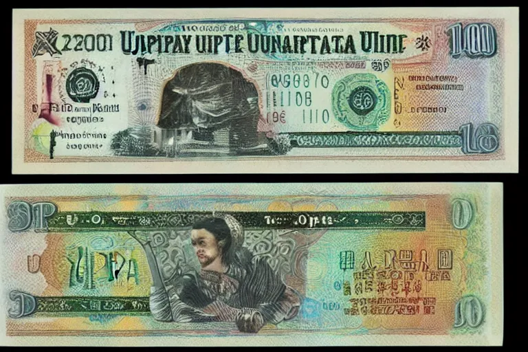 Image similar to paper money of utopia country, weird core