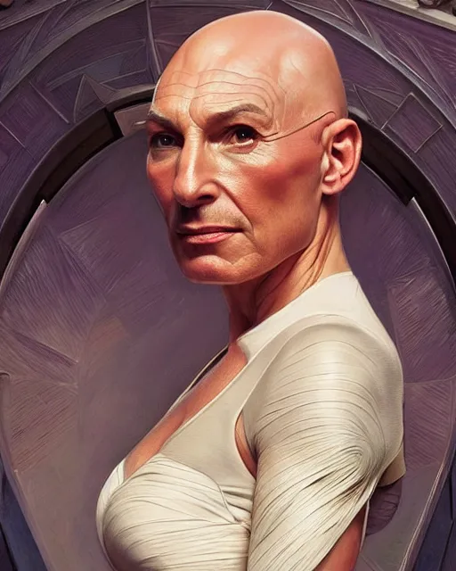 Prompt: Portrait of Jean Luc Picard marrying Jodie Marsh, real life skin, intricate, elegant, highly detailed, artstation, concept art, smooth, sharp focus, art by artgerm and greg rutkowski and alphonse mucha