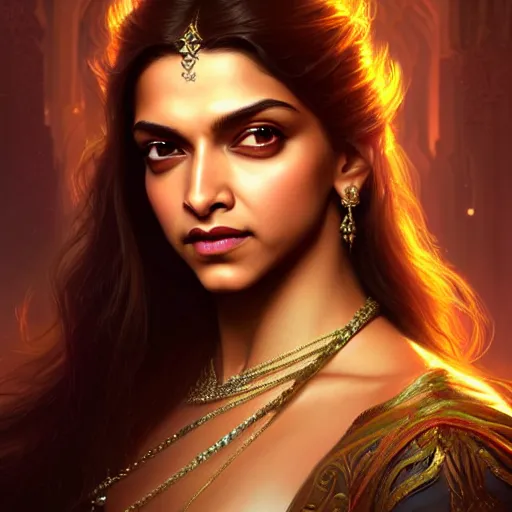 Image similar to beautiful young teen deepika padukone, closeup, D&D, fantasy, intricate, elegant, highly detailed, digital painting, artstation, concept art, matte, sharp focus, illustration, art by Artgerm and Greg Rutkowski and Alphonse Mucha