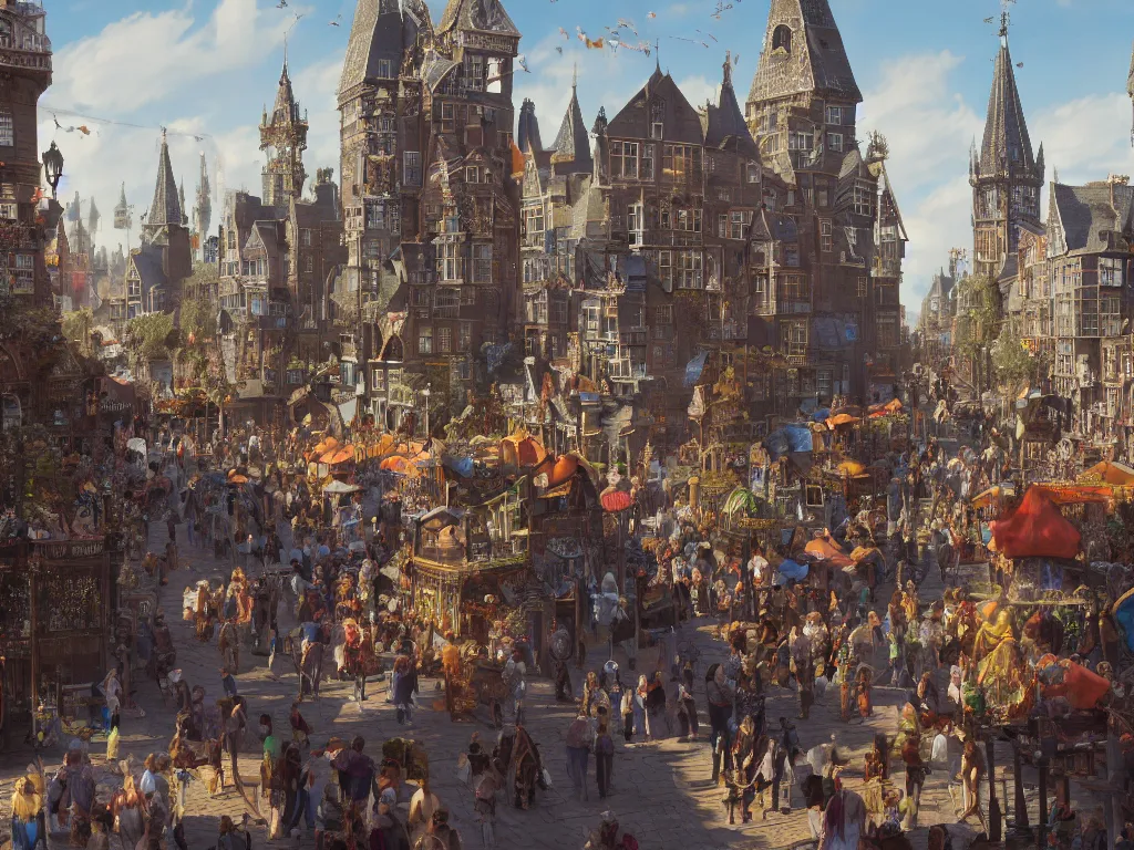 Image similar to a lively magical town during a festival, inspired by victorian england and amsterdam, sunny weather, highly detailed, intricate, digital painting, trending on artstation, concept art, matte painting, art by greg rutkwowski, craig mullins, octane render, 8 k, unreal engine