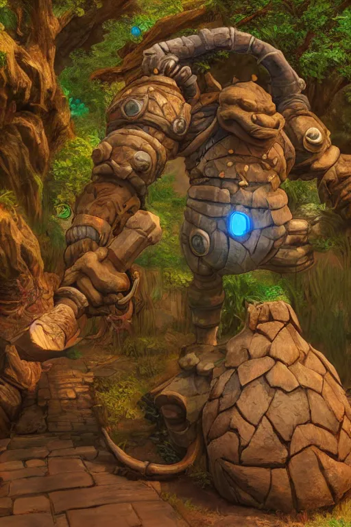 Image similar to zelda fantasy art giant golem troll wood rock greeble gemstone, global illumination ray tracing hdr fanart arstation by sung choi and eric pfeiffer and gabriel garza and casper konefal