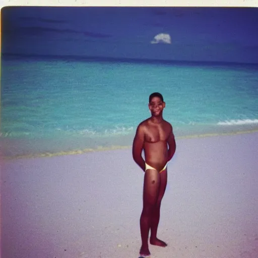 Image similar to will smith wearing a pink speedo on a moonlit beach in miami in the 8 0 s, polaroid photo