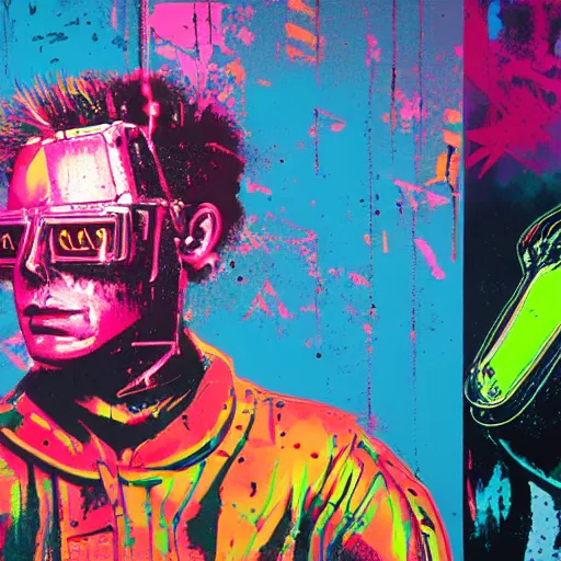 Image similar to illustration of cyberpunk terminator in vr helmet, colorful splatters, by andy warhol and by zac retz and by kezie demessance