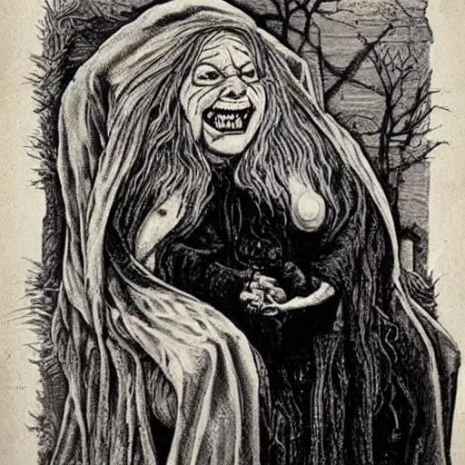 Image similar to an extremely haggy hag of a hag an ugly, repulsive old woman: often with implication of viciousness or maliciousness; an evil spirit, dæmon, or infernal being, in female form; woman supposed to have dealings with Satan and the infernal world; a witch; sometimes, an infernally wicked woman, ultra realistic