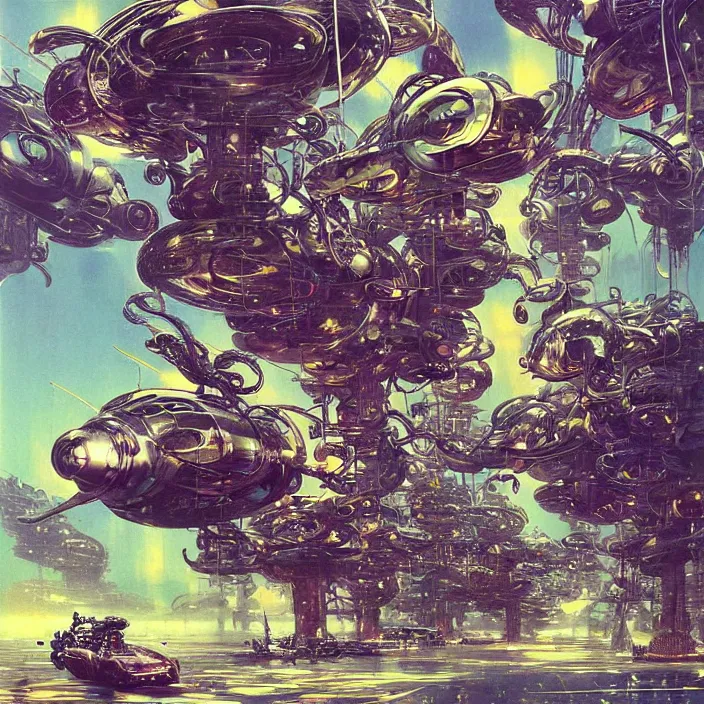 Image similar to cyberpunk mollusc mechs, flowing, aerodynamic, fast, flat art, digital art, hd, by takashi murakami, by bruce pennington