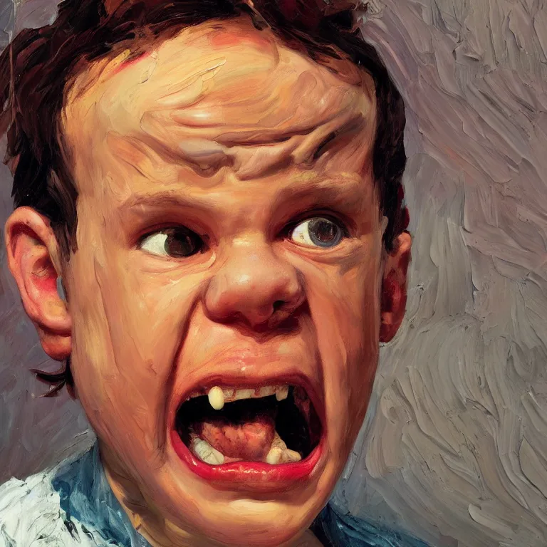 Prompt: warmly lit close up studio portrait of young angry!! screaming! teenage George Costanza furious!, impasto oil painting thick brushstrokes by Lucian Freud and Cy Twombly and Tim Hawkinson , trending on artstation dramatic lighting Expressionism