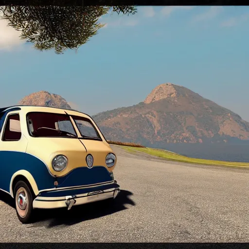 Prompt: Old FIAT 600 Classic Car flying over Alt Empordà, unreal engine 8k