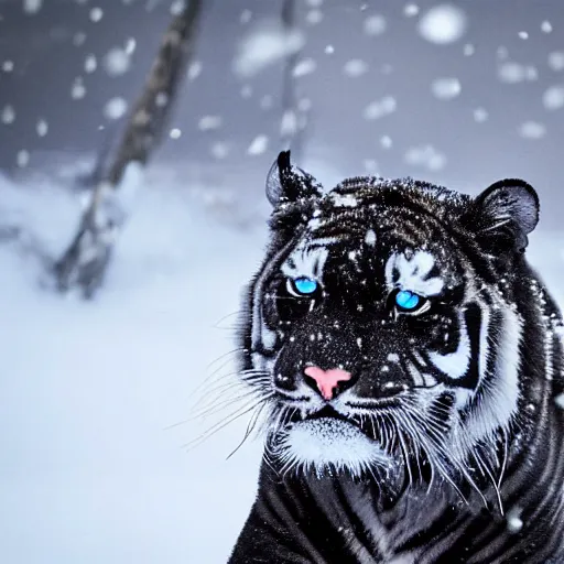 Prompt: photograph of a black tiger with blue eyes hunting in snow, Nat Geo shot