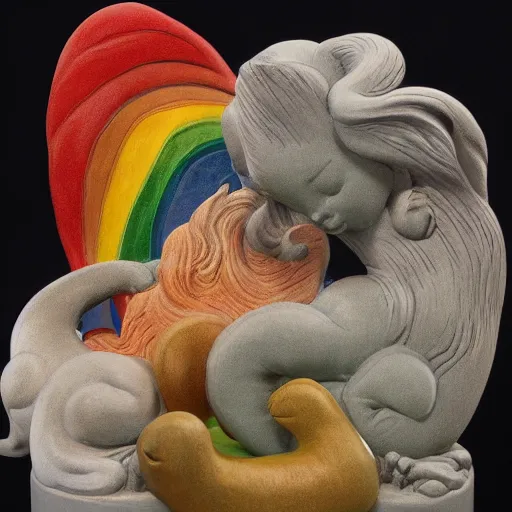 Image similar to clay model statue flowing rainbow cat by susan herbert and hiroshige ii and theophile steinlen and louis wain and min zhen and arthur rackham and pierre bonnard and bonnie mclean and wes wilson, 8 k, artstation