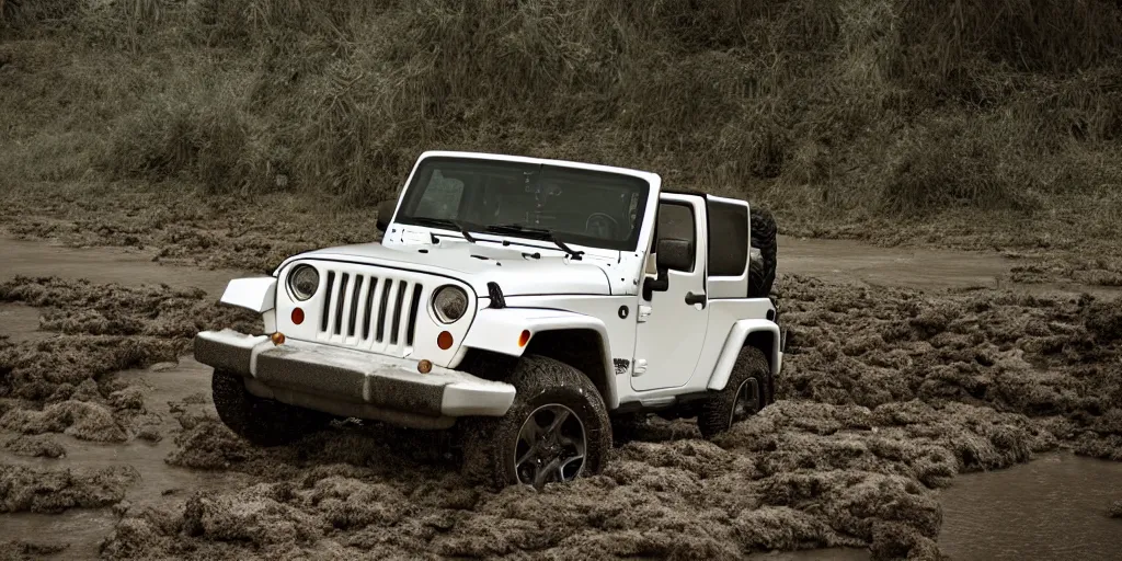Image similar to noisy color photograph of a 1997 hardtop white Jeep Wrangler drowning in quicksand, dirty swamp, gritty, Venom liquid, cinematic, soft vintage glow