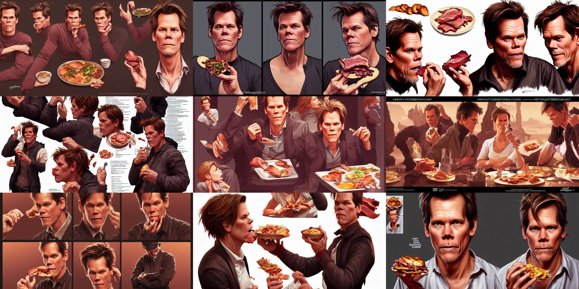 Prompt: kevin bacon eating bacon for dinner, character sheet, character design, contrast, deep focus, turnaround, highly detailed, dramatic lighting, digital painting, artstation, concept art, matte, sharp focus, illustration, elegant, art by artgerm and greg f and alphonse mucha.