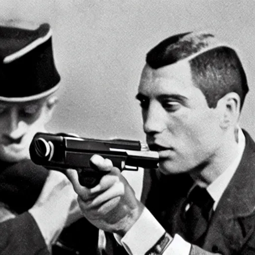 Prompt: Silenced Walther PPK being aimed at a surprised russian guards head