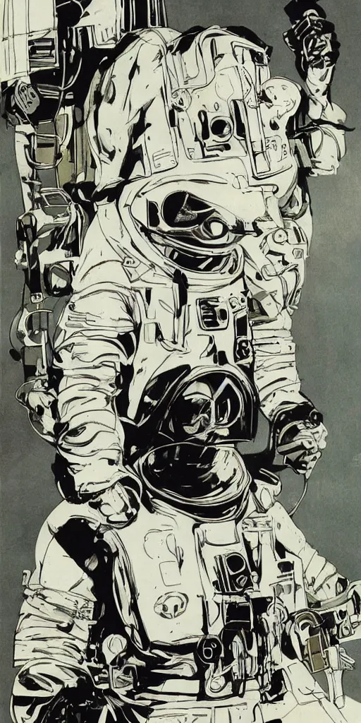 Prompt: sci - fi astronaut suit and helmet, retro futuristic, by mike mignola
