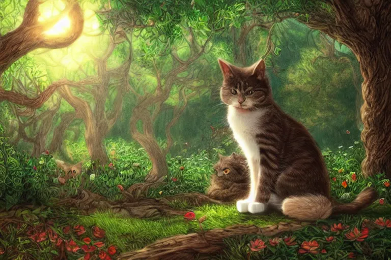 Image similar to a cat in a forest, highly detailed, digital art, trending on artstation, backlighting, by kawacy, by don bluth, by ken sugimori, by louis wain, fan art