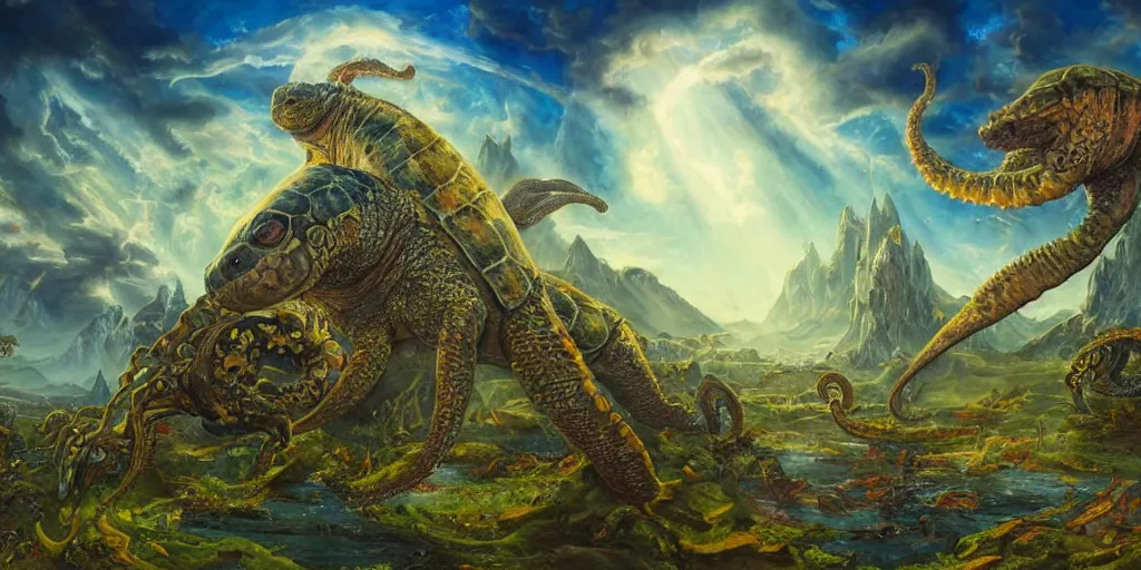 Image similar to fantasy oil painting, great leviathan, cybernetic turtle cephalopod terrapin reptilian pachyderm squid, bella hadid, hybrid, milla jovovich, anubis epic islamic city, natural light, lush plants flowers, spectacular mountains, bright clouds, luminous sky, outer worlds, golden hour, michael cheval, edward hopper, michael whelan, hd