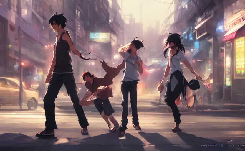 Image similar to a street fight, full shot, atmospheric lighting, detailed faces, by makoto shinkai, stanley artgerm lau, wlop, rossdraws