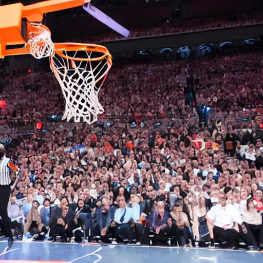 Prompt: photograph of stephen hawking dunking, highlights of the 2 0 1 9 nba slam dunking contest