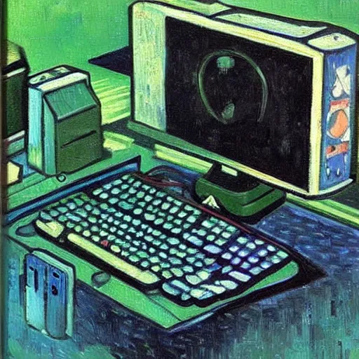 Image similar to oil painting of a gamer computer gamer pc, oil in canvas, painted by van gogh