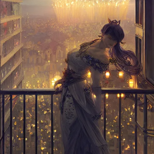 Prompt: a beautiful realistic painting of a firework festival on a balcony at night, intricate, elegant, highly detailed, digital painting, artstation, nier automata concept artsyle, by krenzcushart, artem demura, alphonse mucha