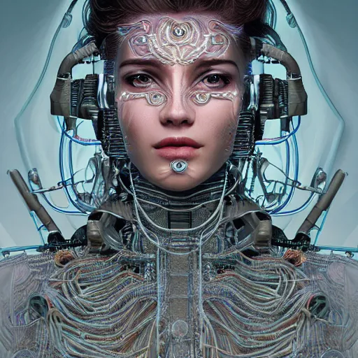 Image similar to woman integrating with technology, full face, detailed intricate ornate cables connected to head, luscious hair, big open electric eyes, luxurious detailed abundent wiring and implants, sci-fi, neon, detailed technology full background, highly detailed, Rene Lalique and Eddie Mendoza