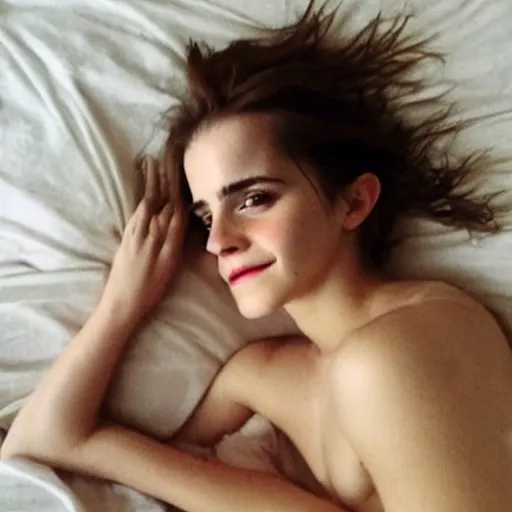 Image similar to emma watson in bed, comfy, bare shoulders, no makeup, no filter, natural skin, messy hair, sleepy, smiling shyly