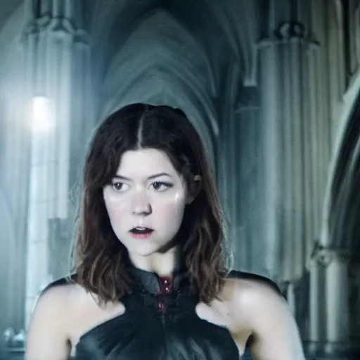 Prompt: mary elizabeth winstead as a vampire about to attack in a gloomy gothic cathedral at night