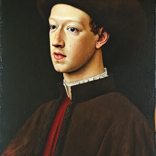 Image similar to portrait of mark zuckerberg, oil painting by jan van eyck, northern renaissance art, oil on canvas, wet - on - wet technique, realistic, expressive emotions, intricate textures, illusionistic detail