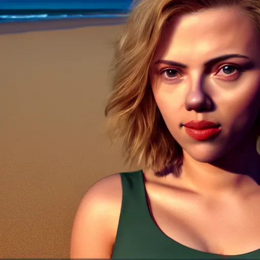 Image similar to 3d Render of a scarlett johansson full round face, short smile, cute sundress, golden hour, serene beach setting, medium shot, mid-shot, highly detailed, trending on Artstation, Unreal Engine 4k