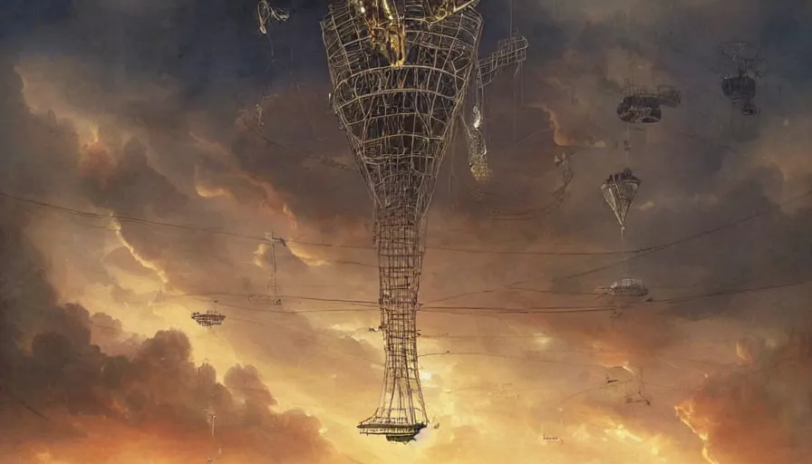 Image similar to an inflated stainless steel chrome gondola in the clouds, people are hanging by steel cables. Oil rigs in the sky. Intricate technical drawing. Mammatus clouds. Ornate, brilliant, utopian, detailed, Golden ratio, solarpunk technology by Jim Burns and Craig Mullins